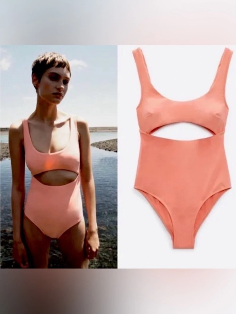 Women’s Zara Cut Out Swimsuit Large Tangerine Orange Coral NWT